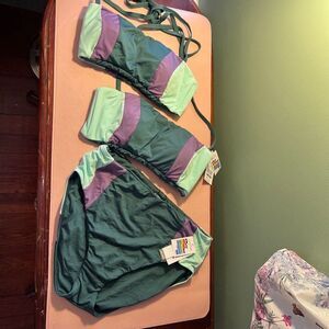 NWT Time & Tru 3pc Swimsuits Bikini Green Large Bottoms -Medium & Small Tops